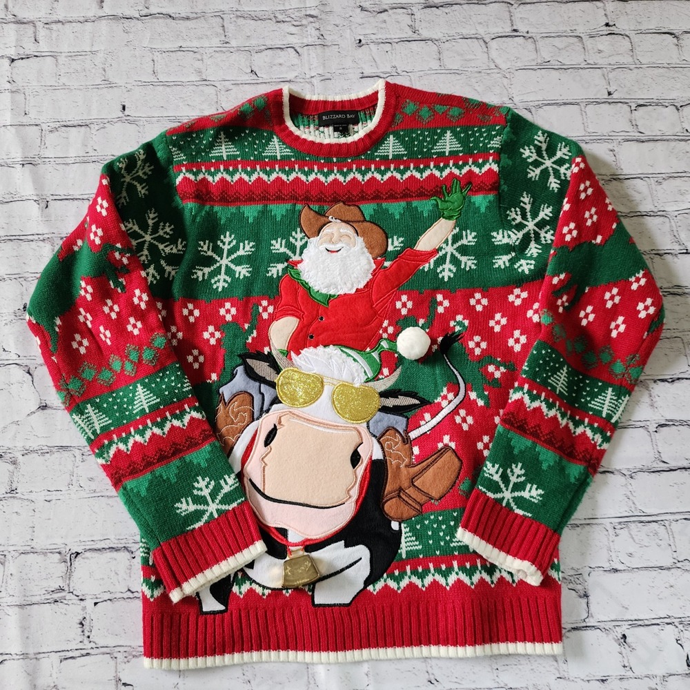 Blizzard Bay Men's Small Cowboy Santa Riding Bull Ugly Christmas Sweater